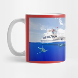 Oceanic White Tips Sharks Cruising Under A Boat Mug